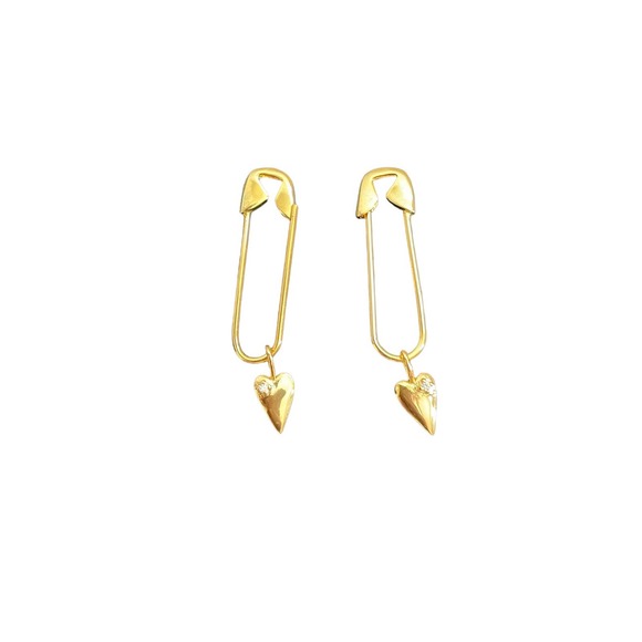 Adornia 14K Gold Plated Sterling Silver Safety Pin Dangle Heart Drop Earrings - Picture 1 of 3